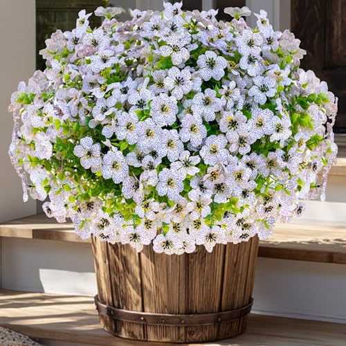 AXYLEX Artificial Flowers for Outdoors Fake Plants - 16 Bundles Faux Outside Greenery Boxwood UV Resistant No Fade Plastic Shrubs Fall Decor Farmhouse Home Garden Mums (White) - color: White