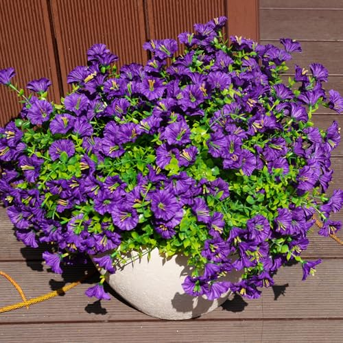 Artificial Flowers for Outdoors, UV Resistant Fake Silk Morning Glory, Realistic Faux Plants for Outside Porch Patio Window Box Hanging Planter (16, Purple) - color: Purple