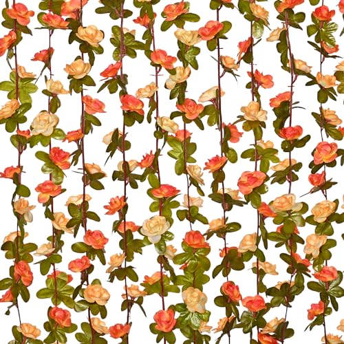 MARTINE MALL Flower Vines, 5 Strands 41Ft Rose Vines for Bedroom, Champagne and Orange Floral Garland for Room Birthday Wedding Party Garden Wall Decor - color: Champagne and Orange, size: 5 Packs