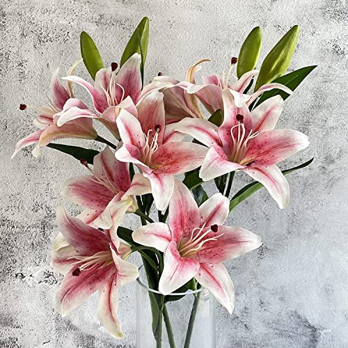 Yalzone 2 Pcs 28 inch Pink Artificial Lily Flowers Fake Real Touch Lily 3 Heads 2 Buds Pink Flowers Artificial Faux Lily for Home Office Decor Wedding Bouquet Decoration Table Centerpiece (W045)