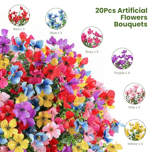 SHareconn 20 Bundles Artificial Flowers Outdoors Decoration, Fake Silk mums Eucalyptus Realistic UV Resistant Faux Plants for Outside Indoor Planter Porch Yard Home Spring Decor, 6 Colors incl. Pink - color: Redrosypurpleyellowpinkblue