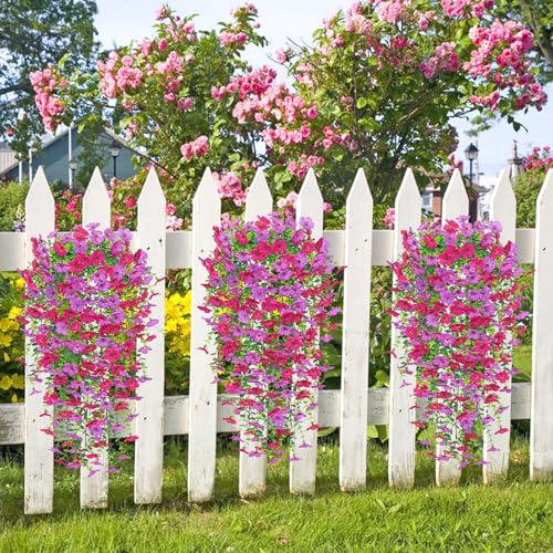 Betylifoy 4PCS Artificial Hanging Flowers Fake Hanging Plants for Outdoors UV Resistant Faux Silk Orchid Flowers Greenery Long Trailing Vines for Indoor Outside Garden Porch Decor (Purple&Rose Red) - color: Purple&rose Red