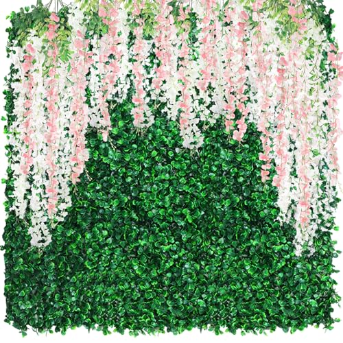 54 Pack Greenery Backdrop with Flowers Include 18 Pcs 16" x 24" Grass Wall Panels Artificial Hedge Boxwood Panels 36 Pcs 3.6 Feet Wisteria Hanging Flowers Garland for Wedding Summer(Light Pink) - color: Light Pink