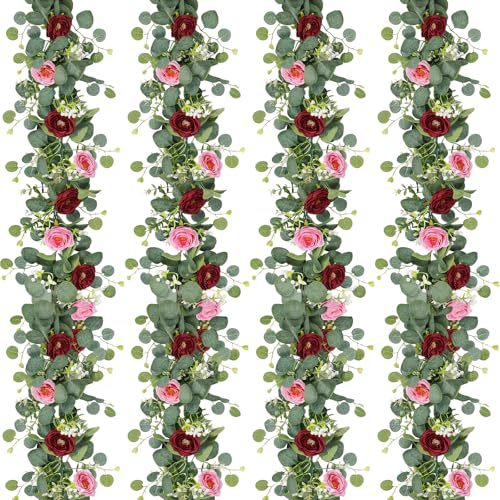 TOCHGREEN 4 Pack Artificial Eucalyptus Flower Garland with Red and Pink Roses, Fake Rose Flower Greenery Garland Floral Vines for Wedding Home Party Table Runner Decor (Red Pink, 4PCS) - color: Red Pink, size: 4PCS