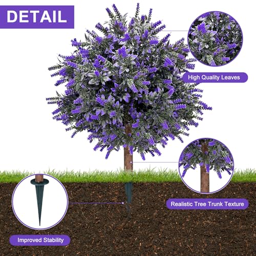 Set of 2 Artificial Lavender Boxwood Topiary Ball Bush for Outdoor with Ground Spike 24.5", UV Resistant Faux Greenery Shrubs, Fake Boxwood Plants for Indoor, Garden, Yard, Porch, Patio Decor