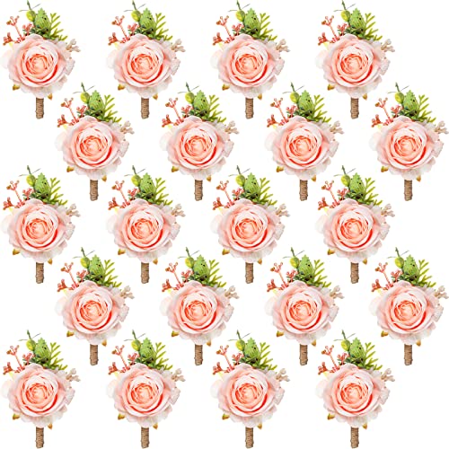 Sherr 12 Pcs Pink Rose Boutonniere for Men Wedding Corsage Rose Groom and Groomsmen Boutonniere with Artificial Flower for Rustic Vintage Wedding Ceremony Anniversary Dinner Prom Party - color: Pink