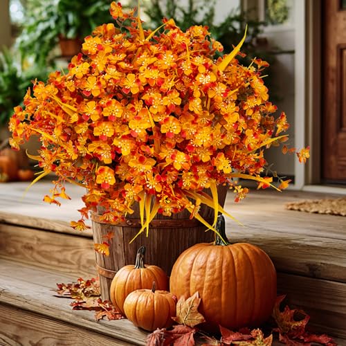 AXYLEX Artificial Mums for Outdoor Fall Flowers - Fake Plants UV Resistant No Fade Faux Plastic Home Decor Garden Porch Patio (1, OrangeMixed) - color: Orangemixed