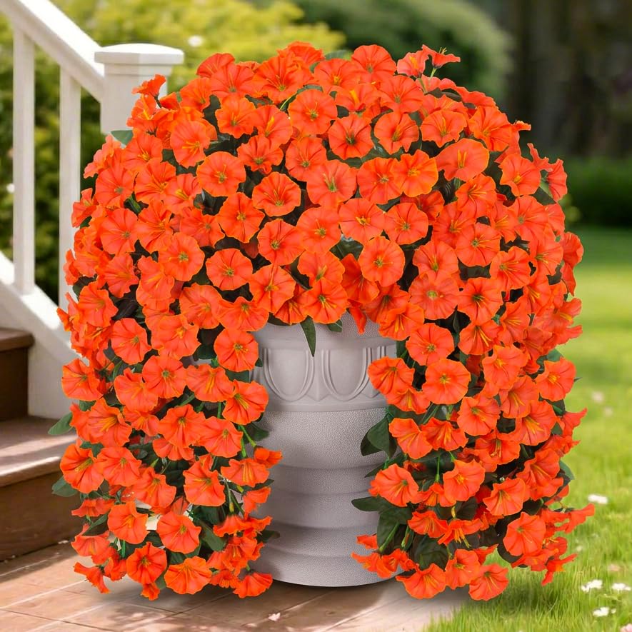 HyeFlora Artificial Fake Hanging Flowers Plants for Outdoor Outside Spring Decor, 2PCS Faux Silk Orange Morning Glory Trailing Vines UV Resistant Look Real for Home Planter Porch Patio - color: Orange 2