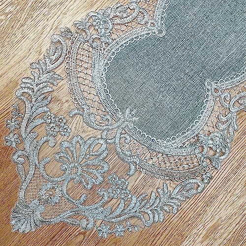 Elegant Vintage Lace Table Runner 36 inches(90cm) Long Grey Silver with Exquisite Macrame and Embroidered Floral Pattern Perfect as a Dresser Scarf (14X36'') - color: Grey Silver, size: 14''x36''(36x90cm)
