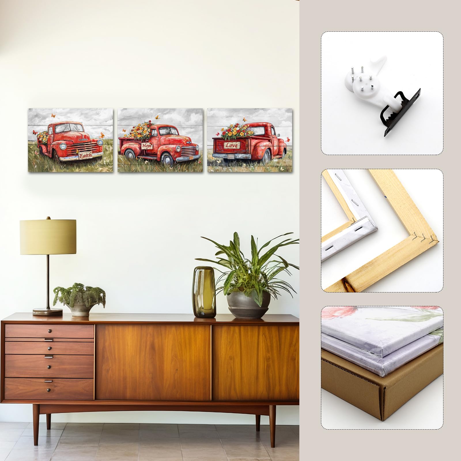 sechars Truck Wall Art Canvas Vintage Farmhouse Decor Faith Hope Love Floral Painting Prints (Red) - color: Red