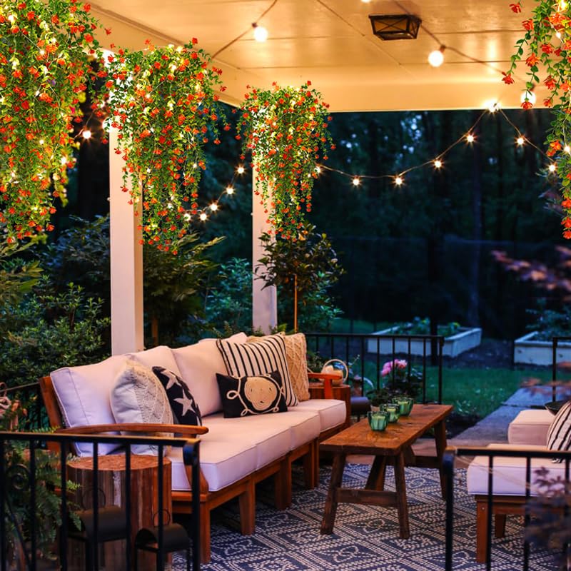 RECUTMS Artificial Plant, 3 Pack Hanging Plants with 30 LED Lights, 11.5in Eucalyptus, Orange Red, Indoor Outdoor Decoration - color: Orange Red, size: Hanging Plants With Lights
