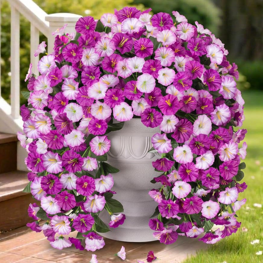 HyeFlora Artificial Fake Hanging Flowers Plants for Outdoor Outside, 2PCS Faux Silk Morning Glory Trailing Vines UV Resistant Look Real for Home Planter Porch Patio (Light Fuchsia+Fuchsia) - color: Light Fuchsia+fuchsia 2