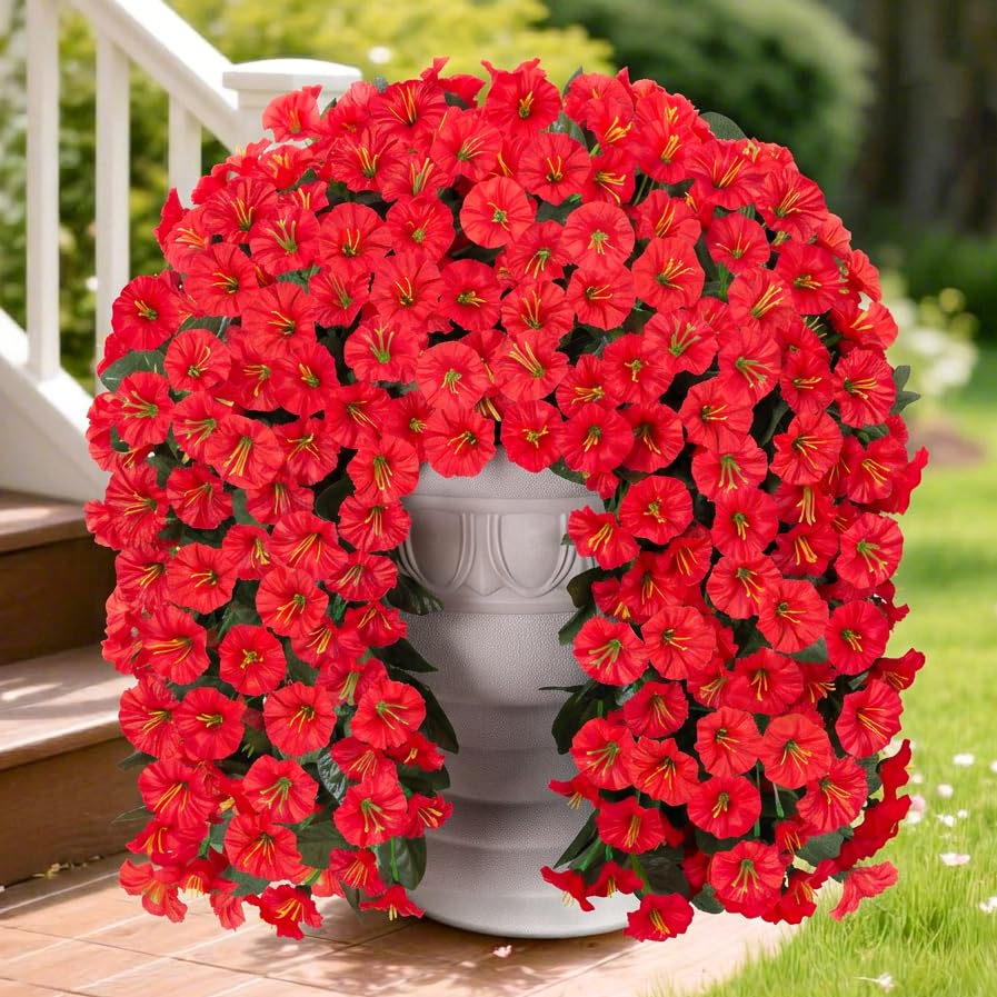 Artificial Fake Hanging Flowers Plants for Outdoor Outside Spring Summer Decoration, 2PCS Faux Silk Red Morning Glory UV Resistant Look Real Trailing Vines for Home Wedding Party Garden Patio Porch - color: Red 2
