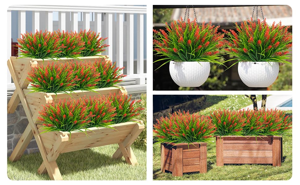 obbsie 36 Bundles Artificial Plants Outdoor, 18.2" UV Resistant Faux Monkey Grass Greenery Stems No Fade Faux Plastic Flowers Shrubs for Home Weddings Garden Porch Front Patio Office Decor - Red - color: Red, size: 36 Pcs