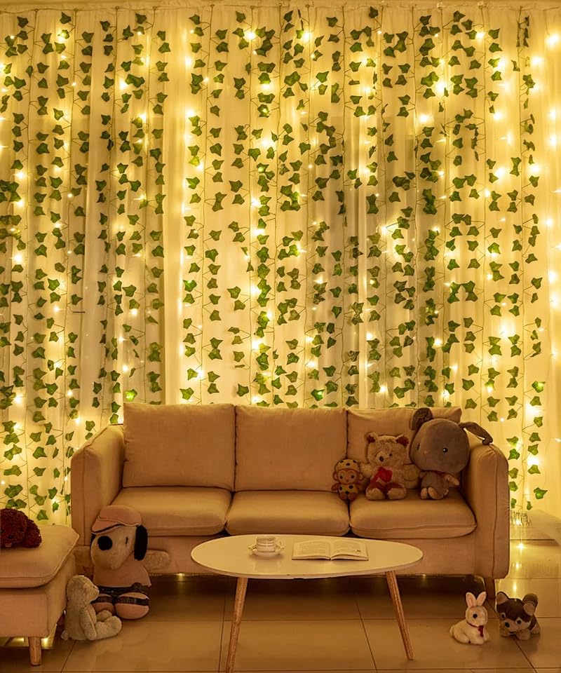 RECUTMS 118 Inches Plant Garland Hanging Vines with Lights LED Strings Artificial Ivy Fake Greenery Leaf Plants Faux Silk Green Leaves Plastic Flower for Party Room Patio Wall Bedroom Outdoor Decor - color: Green Light1