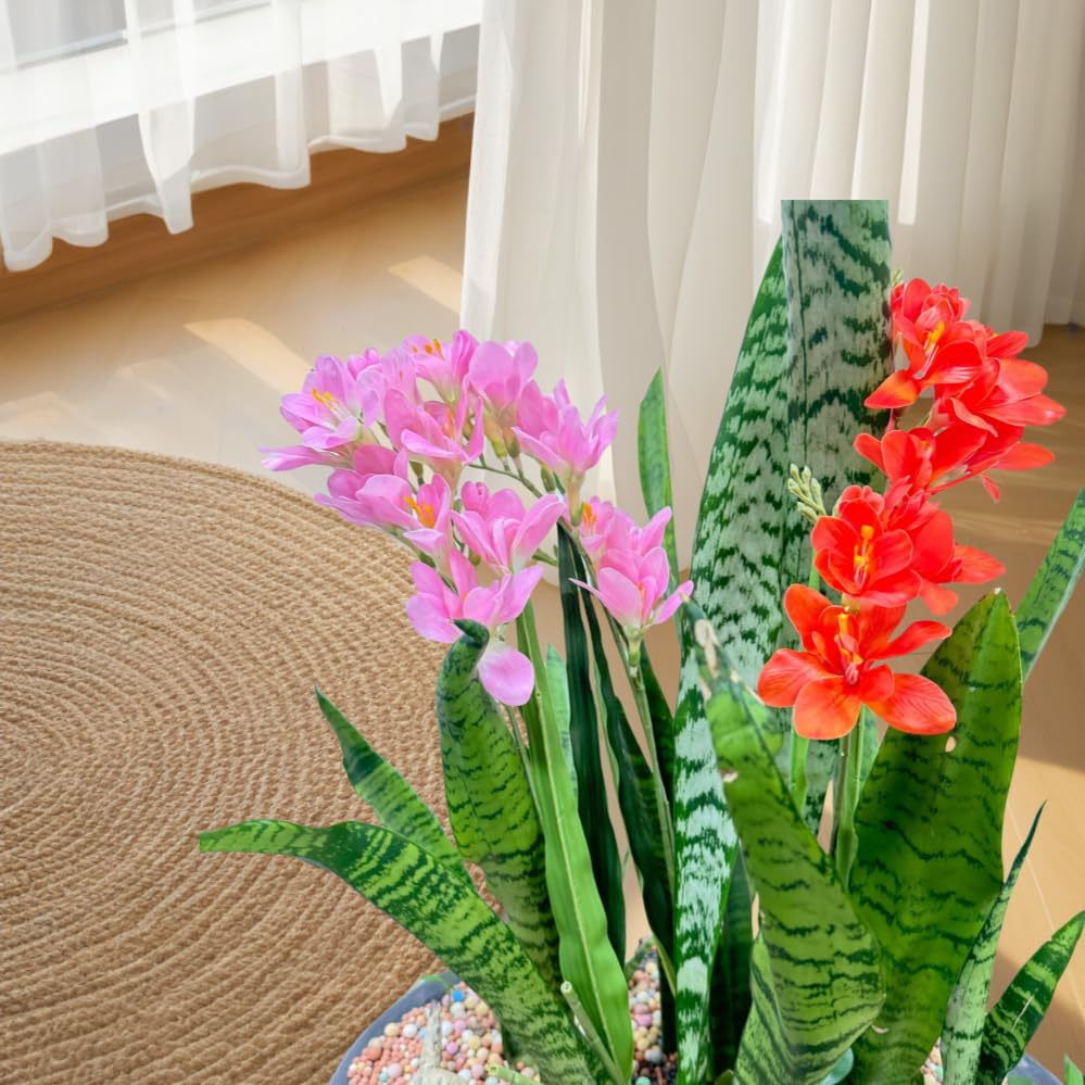 4pcs Freesias Flowers Artificial with Long Stem,24"Real Touch Dendrobium Plants Fake Orchid Leaves,Faux Larkspur Flowers for Outdoor Table Garden Party Wedding Bouquet Fillers,Patio Decor (Pink) - color: Pink