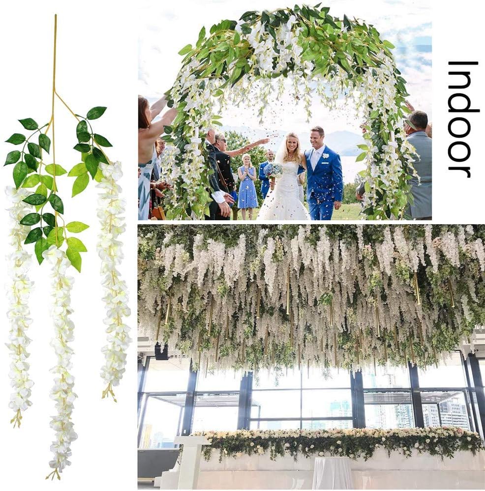 36Pcs Artificial Wisteria Flowers 3.6 Feet/Piece White Dense Artificial Fake Wisteria Vine Ratta Hanging Garland Silk Flowers String Home Party Wedding Decor(White-Dense) - color: White, size: 36 PCS