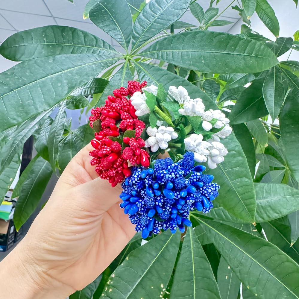 144pcs Artificial Mini Flower Stamen Pistil and Soft Stem,20mm Tiny Berry | Red White Blue mini flower stamens,pistils,Tiny Berry for DIY Make Hair Clips,Cake Top,Candle Rings Wreath Bracelet Flower - color: Red White and Blue