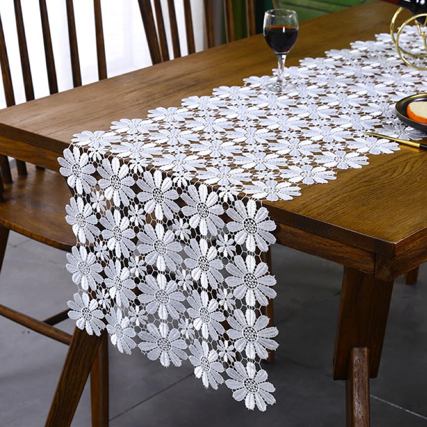 White Flower Runners Lace Table Cloth Shower Dresser Scarf for Home Kitchen Wedding Banquet Tea Table TV Cabinet Dining Table Heat Insulation Table Runner