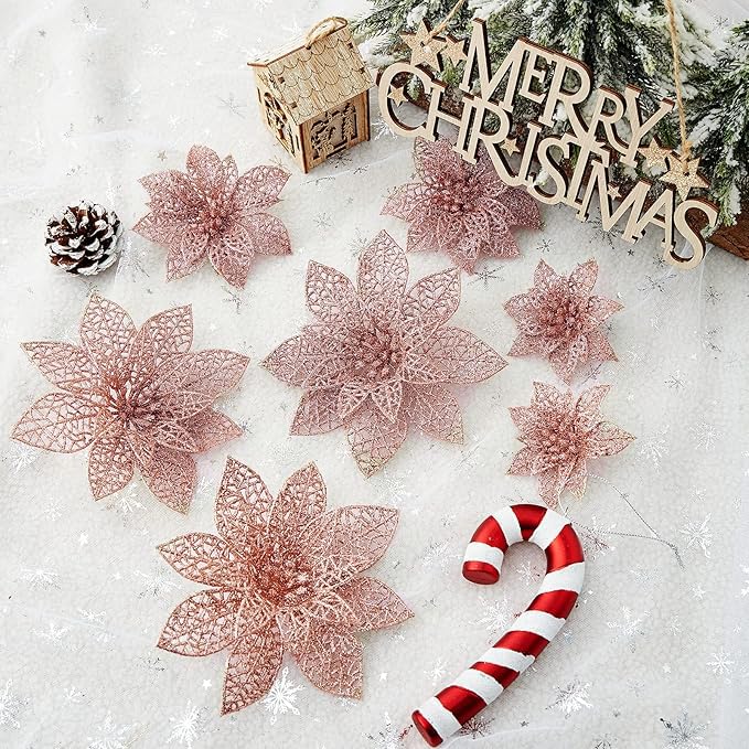 Wironlst 24 Pieces Glitter Poinsettia Flowers Christmas Tree Ornaments, Glitzy Poinsettia Bushes Christmas Decorations for Xmas/Holiday/Seasonal/Wedding (Rose Gold) - color: Rose Gold