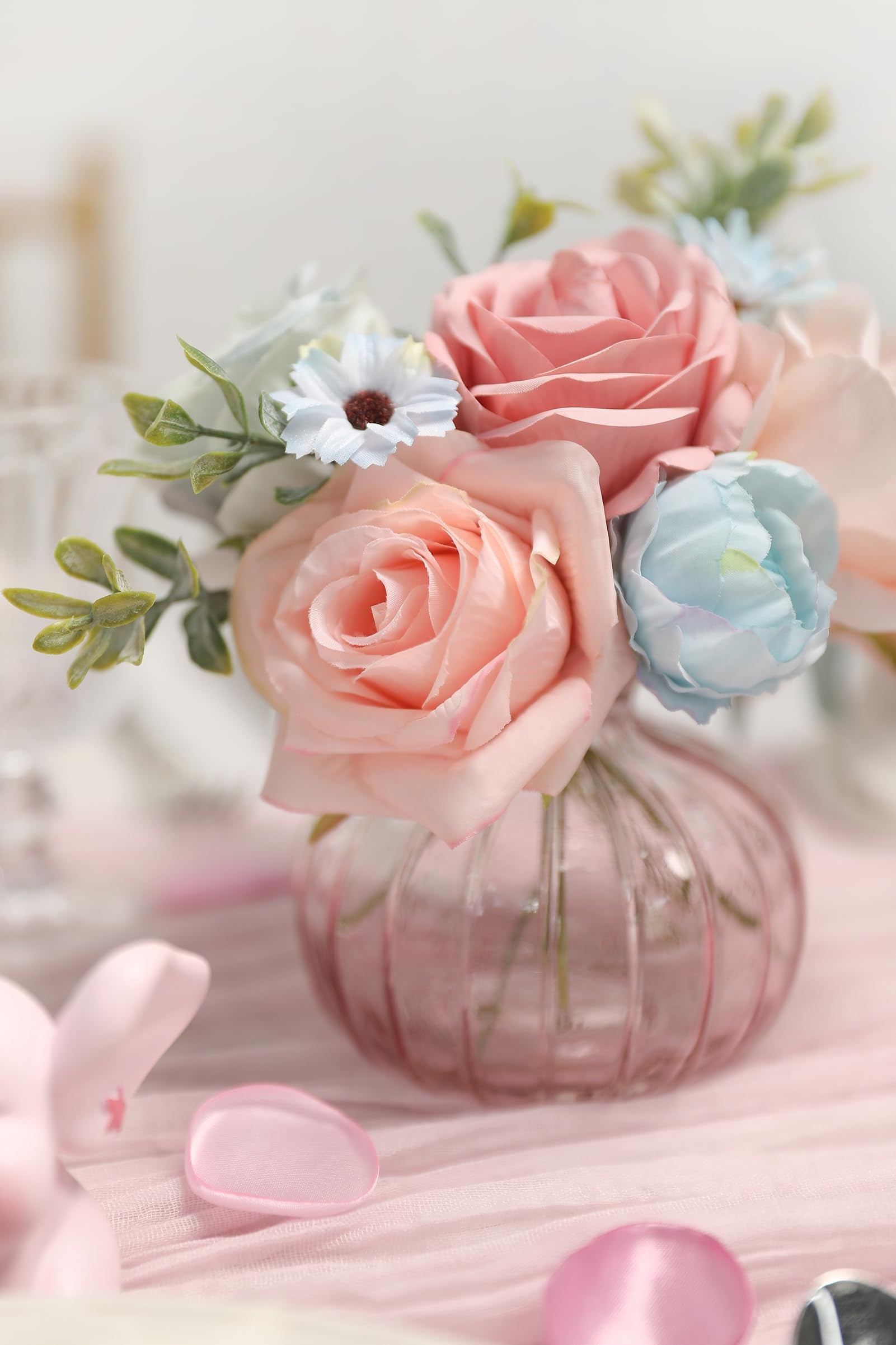 rongflower Blue Pink Artificial Flowers Combo Set Fake Flower Leaf Box with Stemst for DIY Wedding Bridal Bouquet, Centerpieces, Home Decor, Floral Arrangement Decor - color: Blue Pink