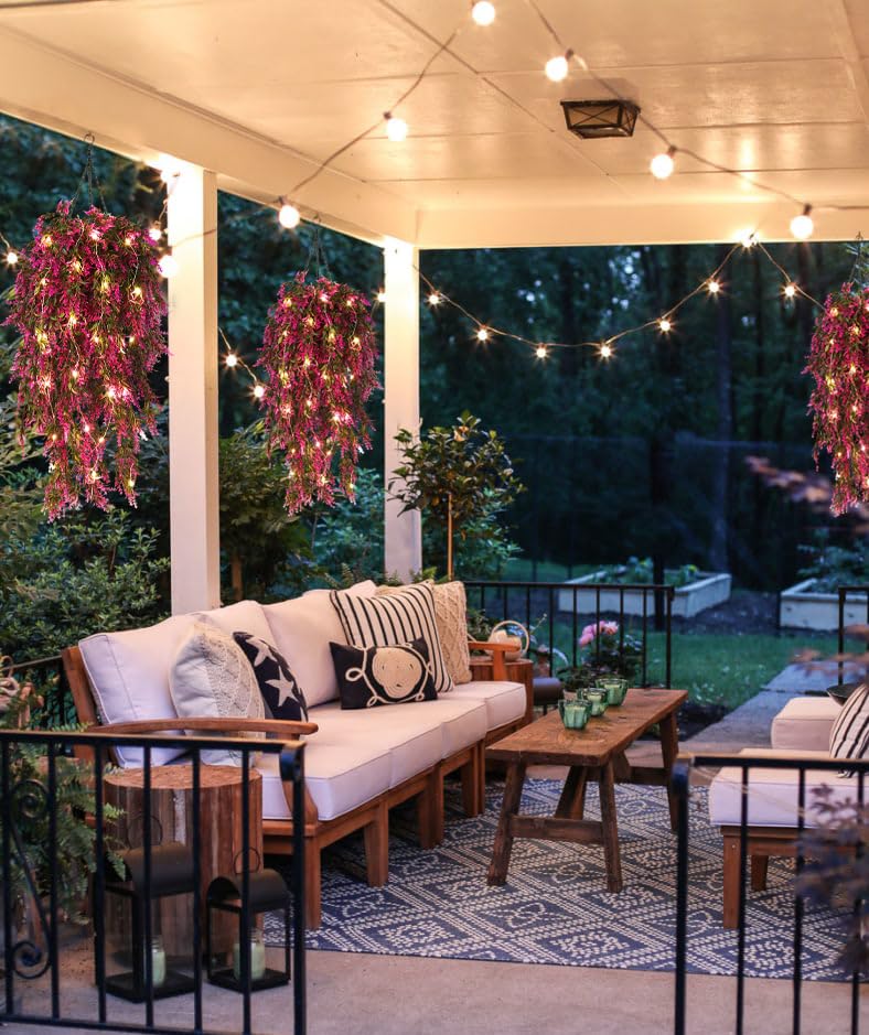 SJL 4pcs Long Fake Plant Faux Hanging Plants Indoor with Lights Artificial Hanging Greenery for Outdoors Ivy Hang Plastic Long Stem Leaves Decor for Wedding Home Office Party Room (Fuchsia) - color: Fuchsia Laven With Lights