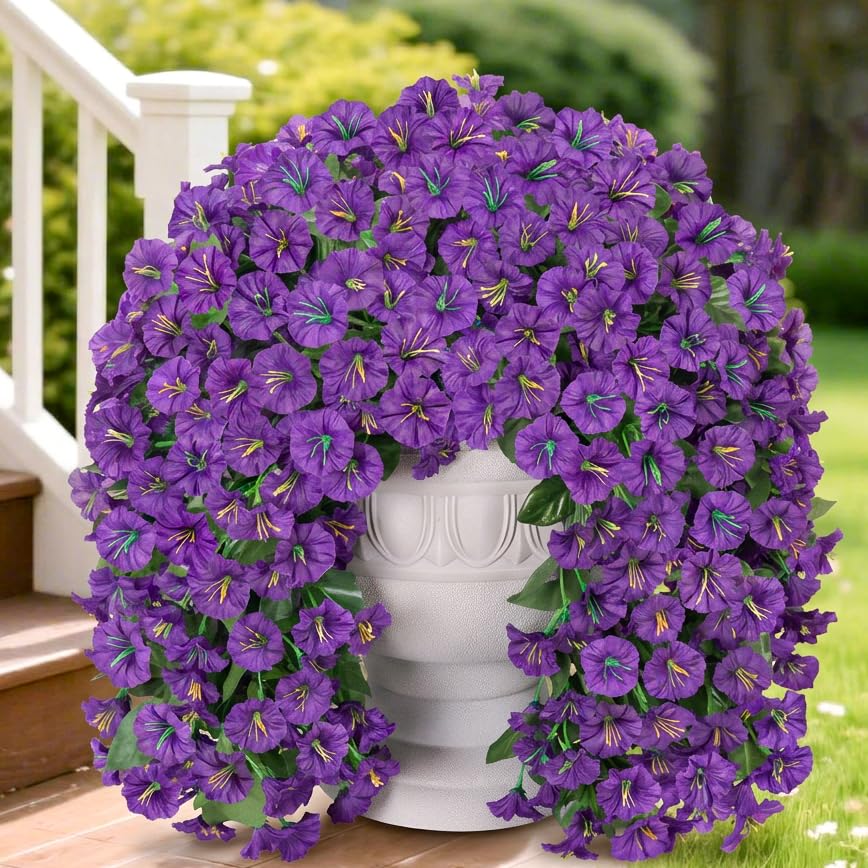 HyeFlora Artificial Fake Hanging Flowers Plants for Outdoor Outside Summer Decoration, 2PCS Faux Silk Morning Glory Purple UV Resistant Look Real Trailing Vines for Home Planter Porch Patio - color: Purple