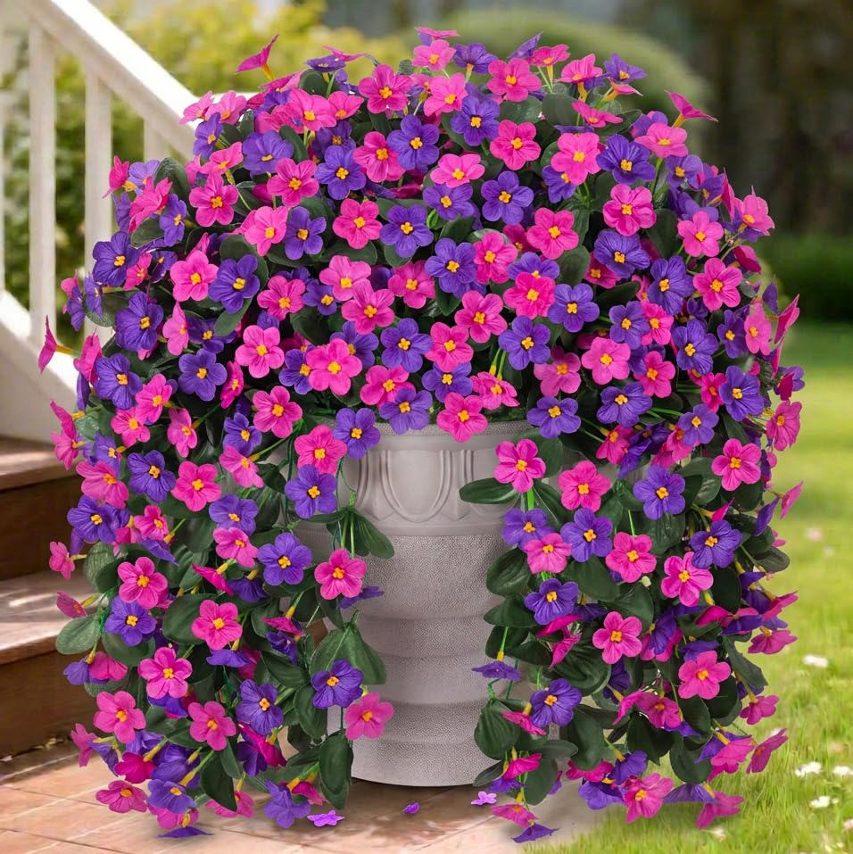 Artificial Fake Hanging Flowers Plants for Outdoor Spring Summer Decoration, 2PCS Faux Silk Daisy Flower Look Real UV Resistant Orchid Vine for Home Outside Garden Wall Indoor(Dark Purple and Fuchsia) - color: Dark Purple and Fuchsia
