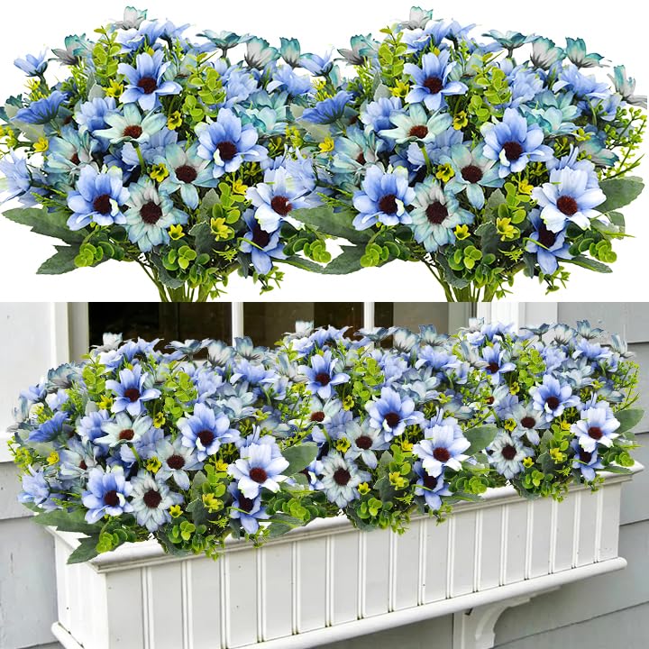 8 Bundles Fake Silk Daisy Outdoor Artificial Flowers UV Resistant Faux Plants Bright Colors for Front Porch Planter Balcony Patio Garden Home Indoor Decoration (Blue) - color: Blue