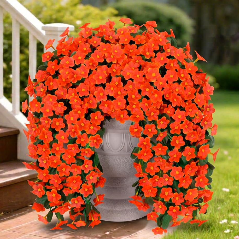 Artificial Fake Fall Hanging Flowers Plants for Outdoor Outside, 2PCS Faux Silk Orange Daisy Mums Trailing Vines UV Resistant Realistic Orchid for Autumn Front Door Porch Planter Patio Garden - color: Orange