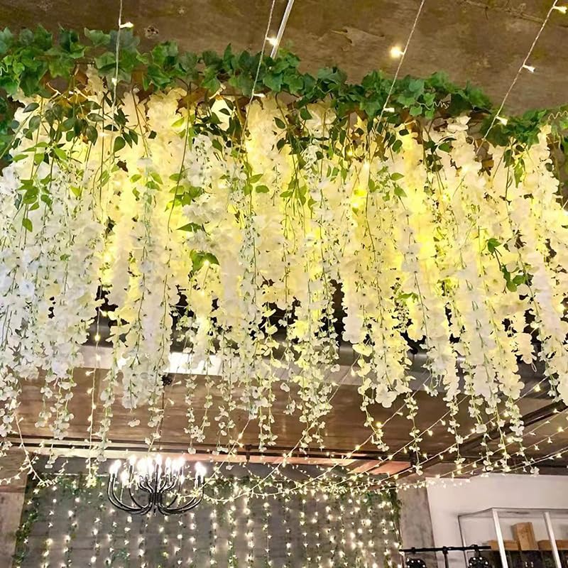 20 Vines of Wisteria Flower Garland, No Green Leaves Artificial Flower Strings, Fake Hanging Flowers, Silk Wisteria Garland, Flower Vine for Wedding, Garden Decoration (Cream White - 20 Vines) - color: Cream White - 20 Vines