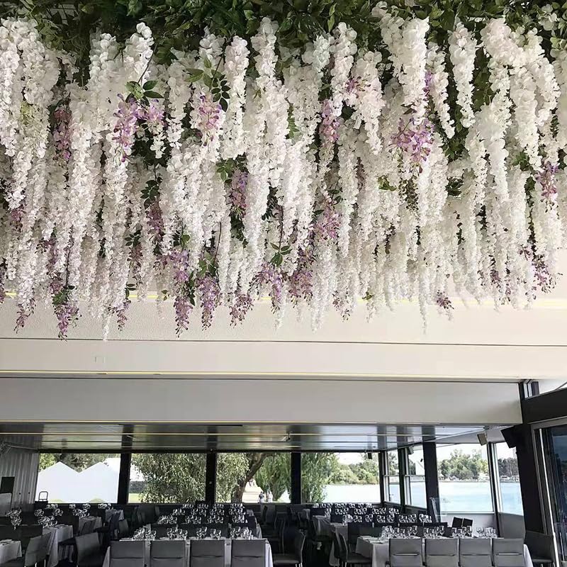 20 Vines of Wisteria Flower Garland, No Green Leaves Artificial Flower Strings, Fake Hanging Flowers, Silk Wisteria Garland, Flower Vine for Wedding, Garden Decoration (Cream White - 20 Vines) - color: Cream White - 20 Vines