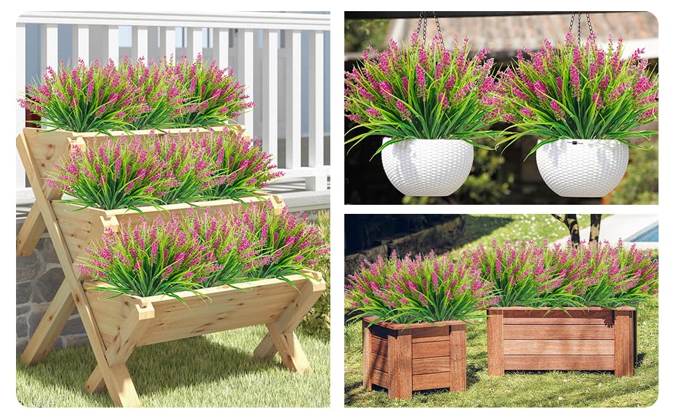 obbsie 12 Bundles Artificial Plants Outdoor, 18.2" UV Resistant Faux Monkey Grass Greenery Stems No Fade Faux Plastic Flowers Shrubs for Home Weddings Garden Porch Front Patio Office Decor - Rose Red - color: Fushia, size: 12 Pcs