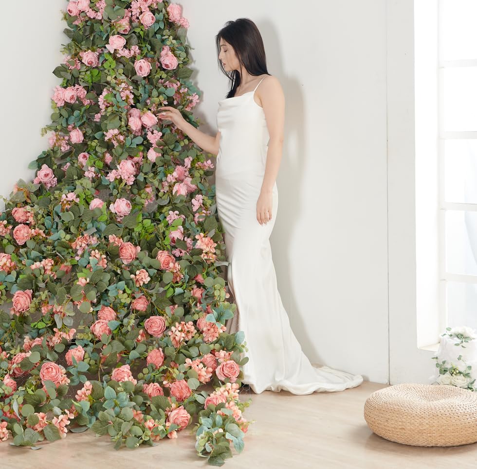 PONKING Flower Garland Artificial Rose & Hydrangea Vine Hanging Fake Flowers Vines for Wedding Birthday Party Valentines Christmas Room Wall Arch Decor, 1 Rose & 1 Hydrangea Light Pink Floral Garland - color: Large Rose & Hydrangea Light Pink Vines 5.4ft