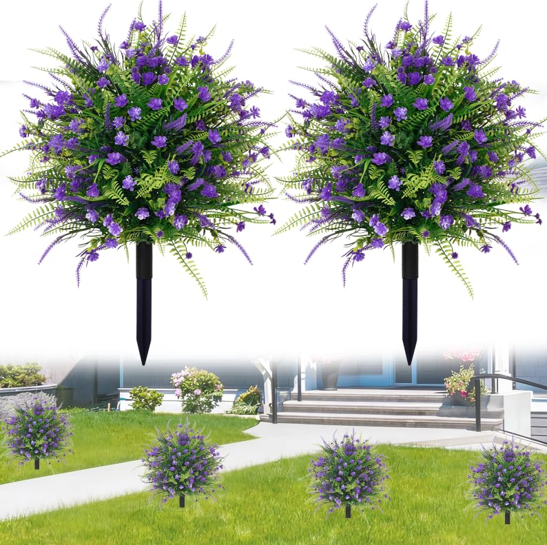 Artificial Boxwood Plants Outdoor with Stake,Set of 2 Artificial Topiary Ball Flowers Faux Shrubs Bushes with Spike, UV Resistant Fake Flowers Ball Tree for Planter Filler Garden Front Porch D17 - style: Spring