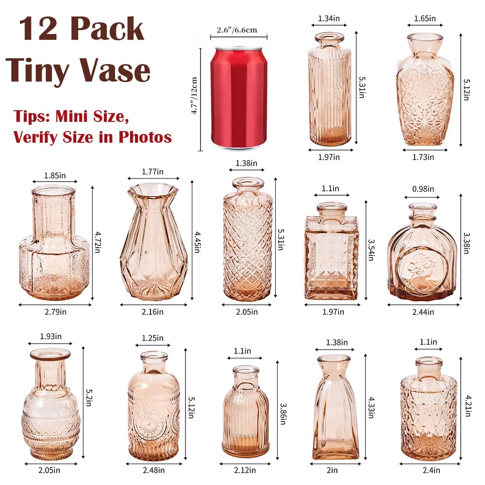 12 Pack Glass Bud Vase Set, Small Flower Vase Set Bud Vases for Wedding Centerpiece Table Decor, Vintage Small Vases for Room Home Dining Party Table Center Decor (Amber Set, 12 Pack) - color: Amber Set, size: 12 Pack