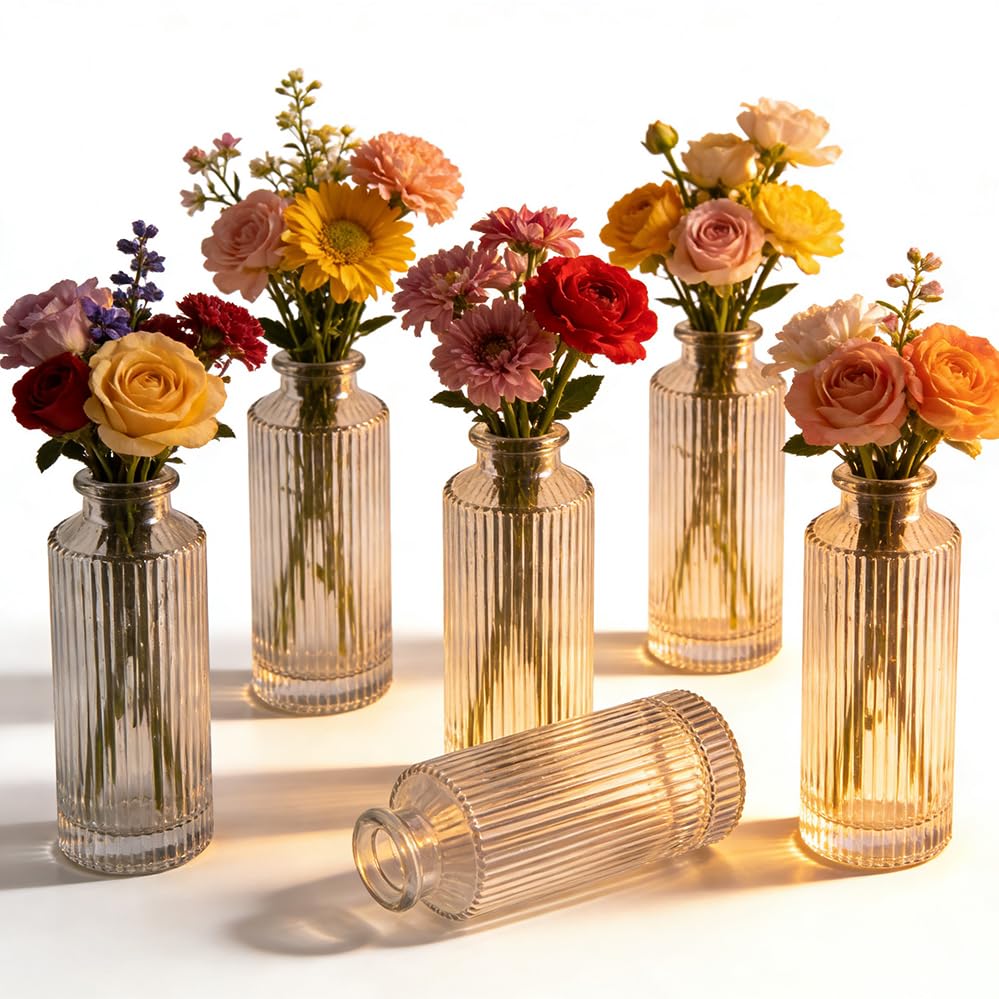 6 Pack Glass Bud Vase Set, Small Flower Vase Set Bud Vases for Wedding Centerpiece Table Decor, Vintage Small Vases for Room Home Dining Party Table Center Decor (Clear Set, 6 Pack) - color: Clear Set, size: 6 Pack