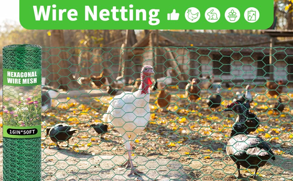 16 x 600 Inches Chicken Wire for Floral Arrangements, Green Chicken Wire, Hexagonal Galvanized Wire Mesh for Poultry Barrier, Flower Arrangement, Crafts and Garden - color: Green, size: 16 x 600 Inches