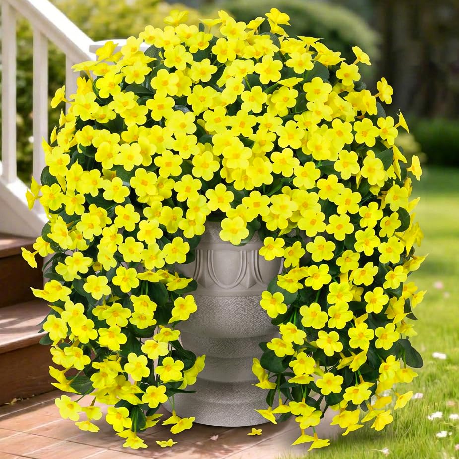 Artificial Faux Hanging Plants Flowers for Outdoor Spring Summer Decor, 2 PCS Fake Silk Yellow Daisy Long Vines Orchid UV Resistant Realistic Mums for Outside Home Porch Patio Balcony Planter - color: Yellow