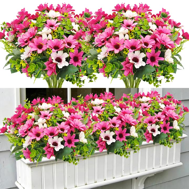 8 Bundles Fake Silk Daisy Outdoor Artificial Flowers UV Resistant Faux Plants Bright Colors for Front Porch Planter Balcony Patio Garden Home Indoor Decoration (Pink) - color: Pink