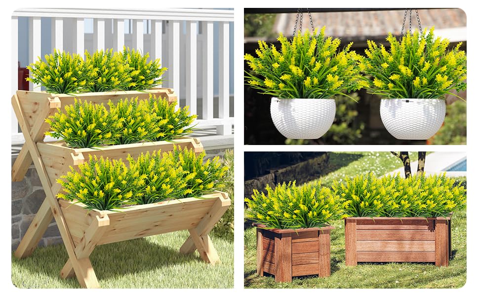 obbsie 12 Bundles Artificial Plants Outdoor, 18.2" UV Resistant Faux Monkey Grass Greenery Stems No Fade Faux Plastic Flowers Shrubs for Home Weddings Garden Porch Front Patio Office Decor - Yellow - color: Yellow, size: 12 Pcs