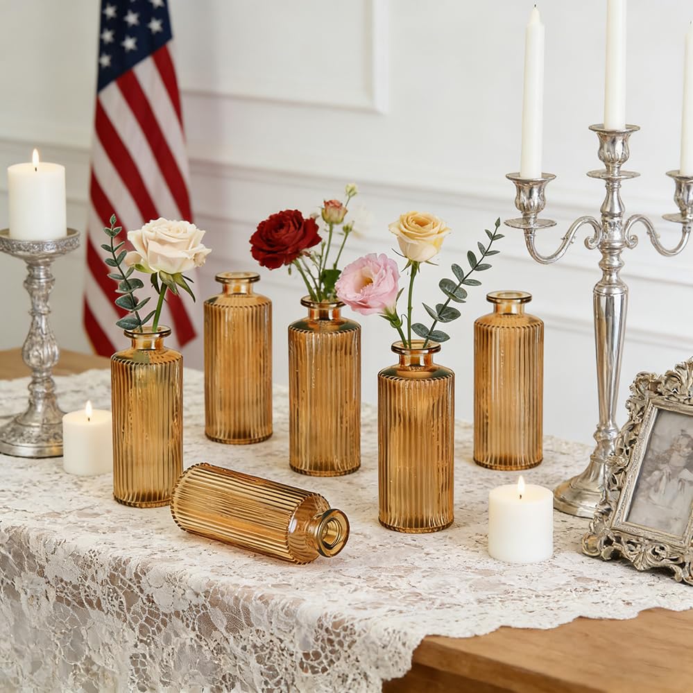 6 Pack Glass Bud Vase Set, Small Flower Vase Set Bud Vases for Wedding Centerpiece Table Decor, Vintage Small Vases for Room Home Dining Party Table Center Decor (Amber Set, 6 Pack) - color: Amber Set, size: 6 Pack