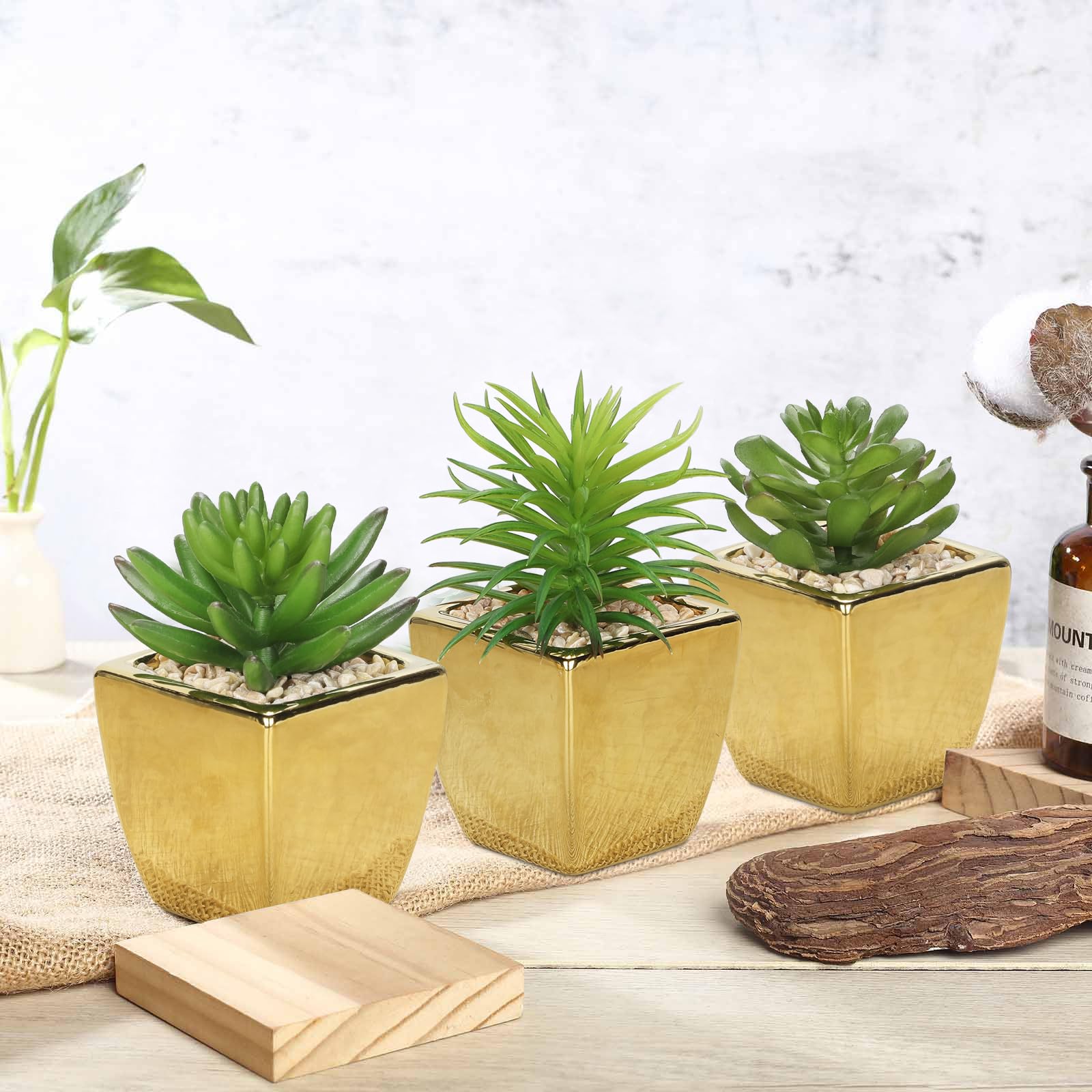 Hollyone Small Succulents Artificial 3 Pcs Faux Succulents with Gold Pots Mini Fake Succulent Plants Indoor Plant Ceramic Pots for Modern Office Desk Bathroom Shelf Living Room Home Decor - color: 3pack - Gold Ceramic