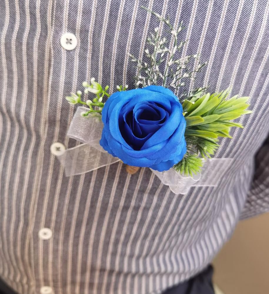 Rose Wrist Corsage Wristlet Band and Men Boutonniere Set, Corsage for Prom, Bride Hand Flower, Wedding Flowers Ceremony, Wedding Party Prom Decor, Handmade Petals Hair Hat Wreath, Royal Blue, 2 Pack - color: Royal Blue