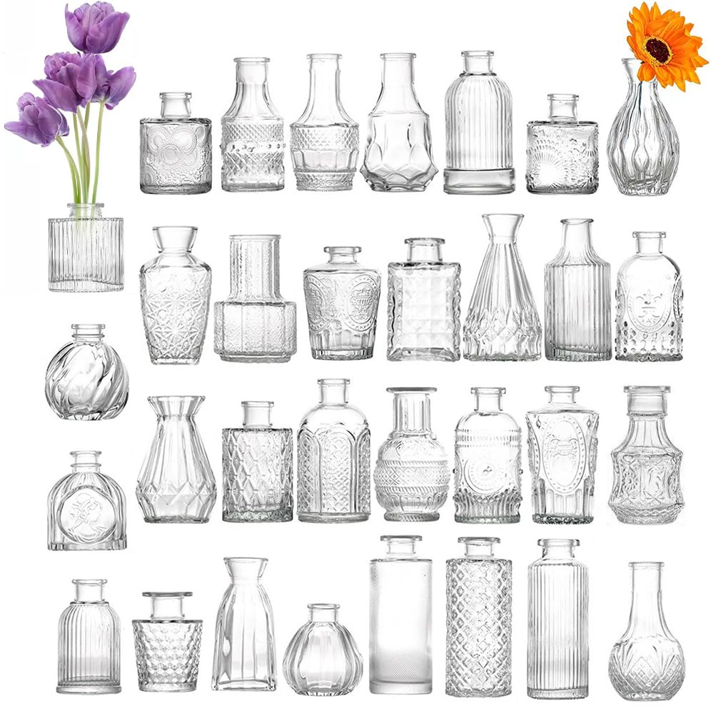 32 Pack Glass Bud Vase Set, Small Flower Vase Set Bud Vases for Wedding Centerpiece Table Decor, Vintage Small Vases for Room Home Dining Party Table Center Decor (Clear Set, 32 Pack) - color: Clear Set, size: 32 Pack