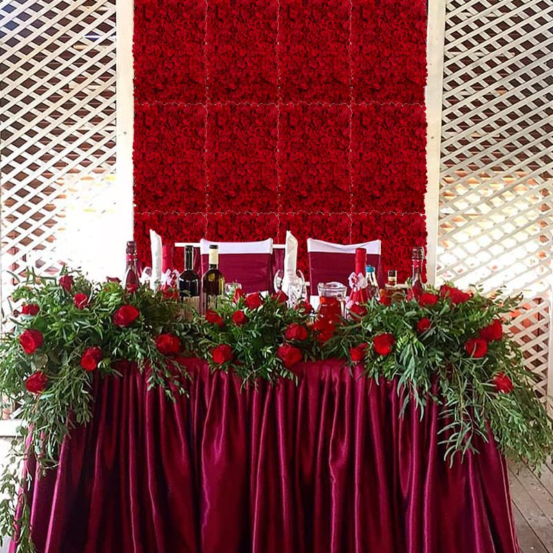 BLOSMON Flower Wall Backdrop Red - 6 Pcs 24 x 16 Inch Artificial Hydrangea Floral Panels for Wedding Party Baby Bridal Shower Decor - Fake 3D Silk Flower Backdrop Decoration - color: Red