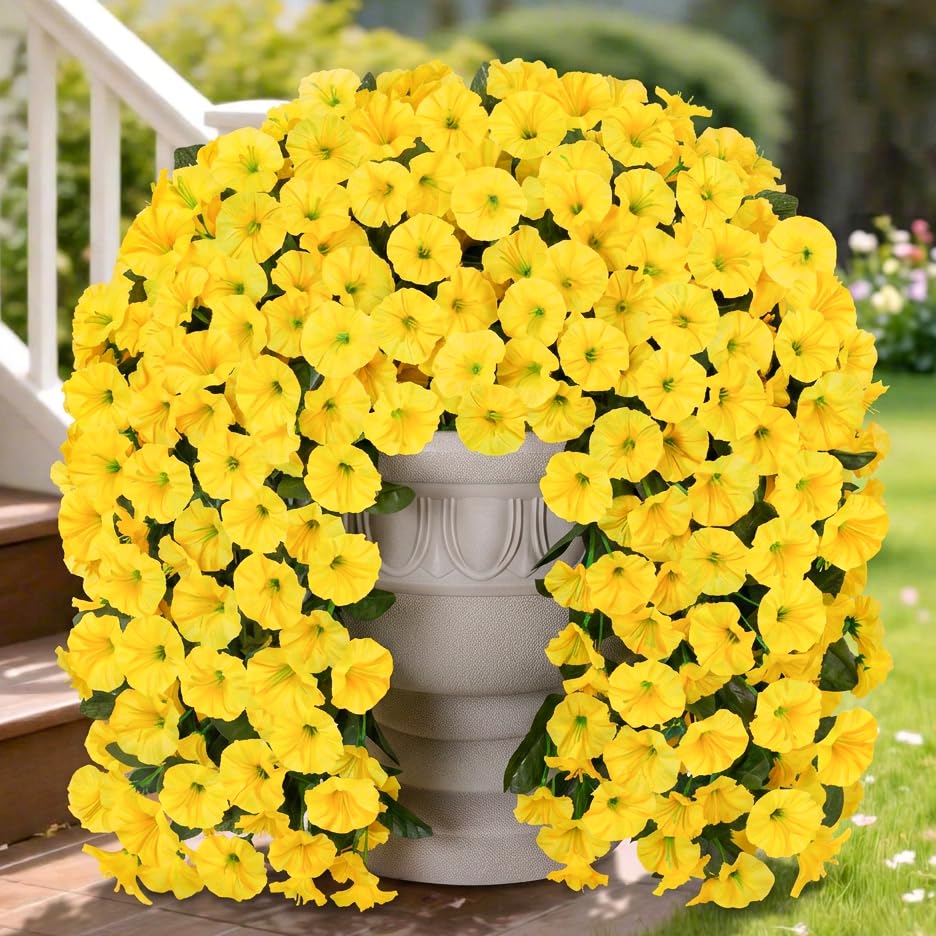 HyeFlora Artificial Fake Hanging Flowers Plants for Outdoor Outside Spring Decoration, 2PCS Faux Silk UV Resistant Look Real Yellow Morning Glory Trailing Vines for Home Planter Porch Patio Balcony - color: Yellow 2
