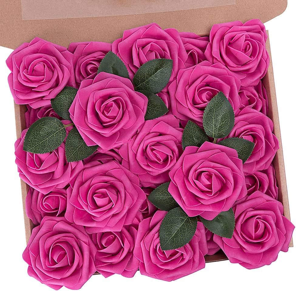 N&T NIETING Artificial Flowers with Stems,Foam Roses Fake Flowers Rose Perfect for DIY Wedding Bridal Bouquets Centerpieces Shower Party Home Flower Arrangement Decoration,25Pcs Hot Pink - color: Hot Pink, size: 25pcs
