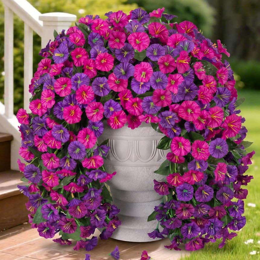 HyeFlora Artificial Fake Hanging Flowers Plants for Outdoor Outside, 2PCS Faux Silk Morning Glory Trailing Vines UV Resistant Look Real for Home Planter Porch Patio (Dark Purple and Fuchsia) - color: Dark Purple and Fuchsia 2