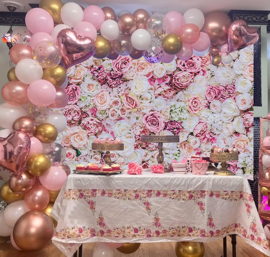 8x6ft Rose Floral Wall Backdrop Pink Rose Flowers Background Tea Party Backdrops Wedding Birthday Bridal Shower Valentine's Day Mother's Day Party Decoration Banner Studio Props - size: 8x6ft